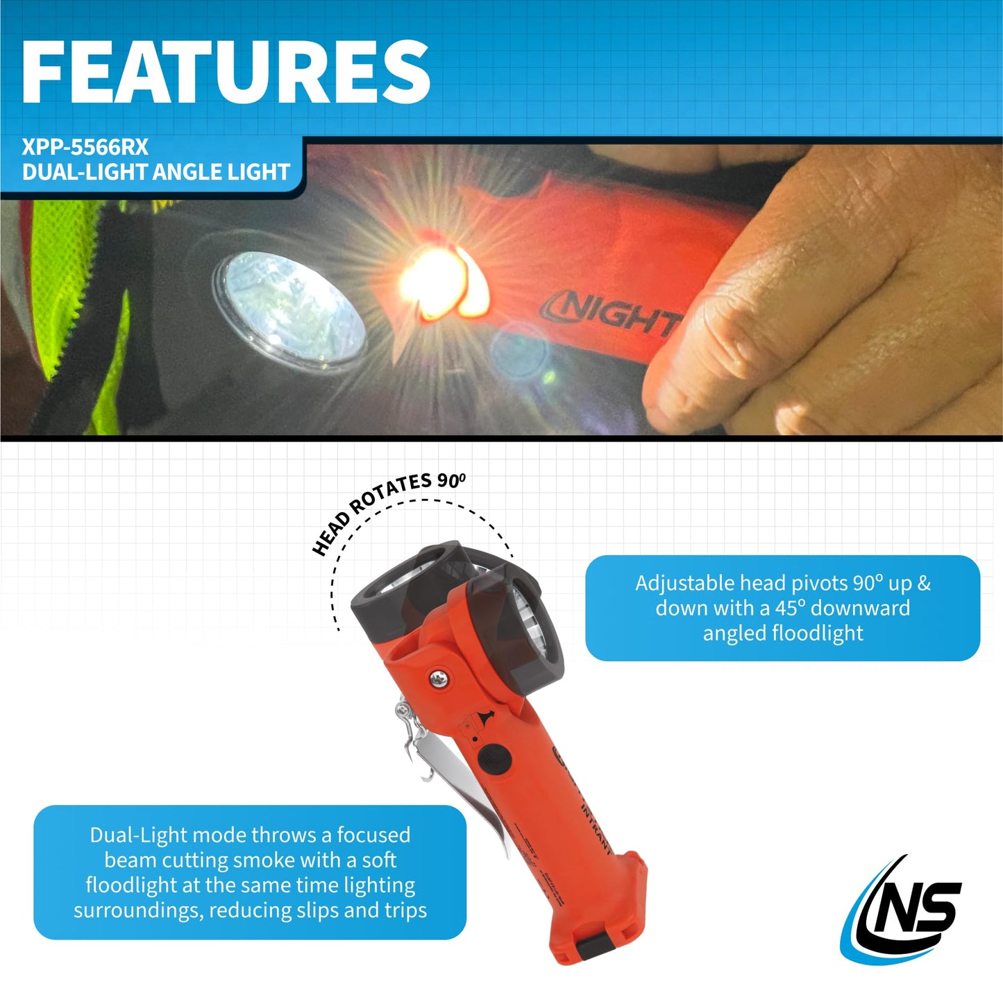 Nightstick XPP-5566RX Intrant Intrinsically Safe Dual Angle Light - 3 in 1 Flashlight, Floodlight, Dual-Light - 8 Brightness Modes - Red