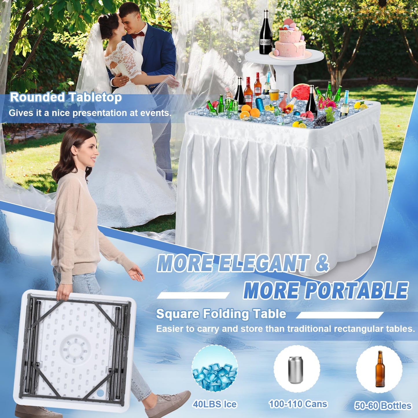 Haddockway Two-Tier Ice Cooler Table, Square Ice Tables for Parties with Drain, Removable Matching Skirt & Rounded Tray, Folding Outdoor Cooler Table for Picnic, Camping, Fishing, Wedding