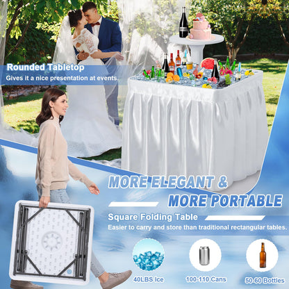 Haddockway Two-Tier Ice Cooler Table, Square Ice Tables for Parties with Drain, Removable Matching Skirt & Rounded Tray, Folding Outdoor Cooler Table for Picnic, Camping, Fishing, Wedding