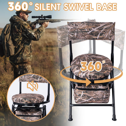 GUANIEE 360° Swivel Hunting Chair Folding Silent Hunt Blind Chair, Portable Ground Sniper Seat for Fishing Dove Deer Hunting, with Storage Bag, Camo Khaki