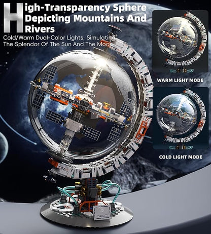 Space Station Globe Building Set for Adults 360° Rotatable STEM Toys with Dual Illumination Modes Compatible with Lego Hobby Gifts for Adults/Teens Home Decor