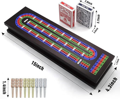 Wooden Cribbage Board Game Set with Metal Pegs and 2 Decks of Playing Cards Travel Cribbage Board with Card Storage Magnetic Lock Classic Continuous 3 Track Cribbage Set for Family