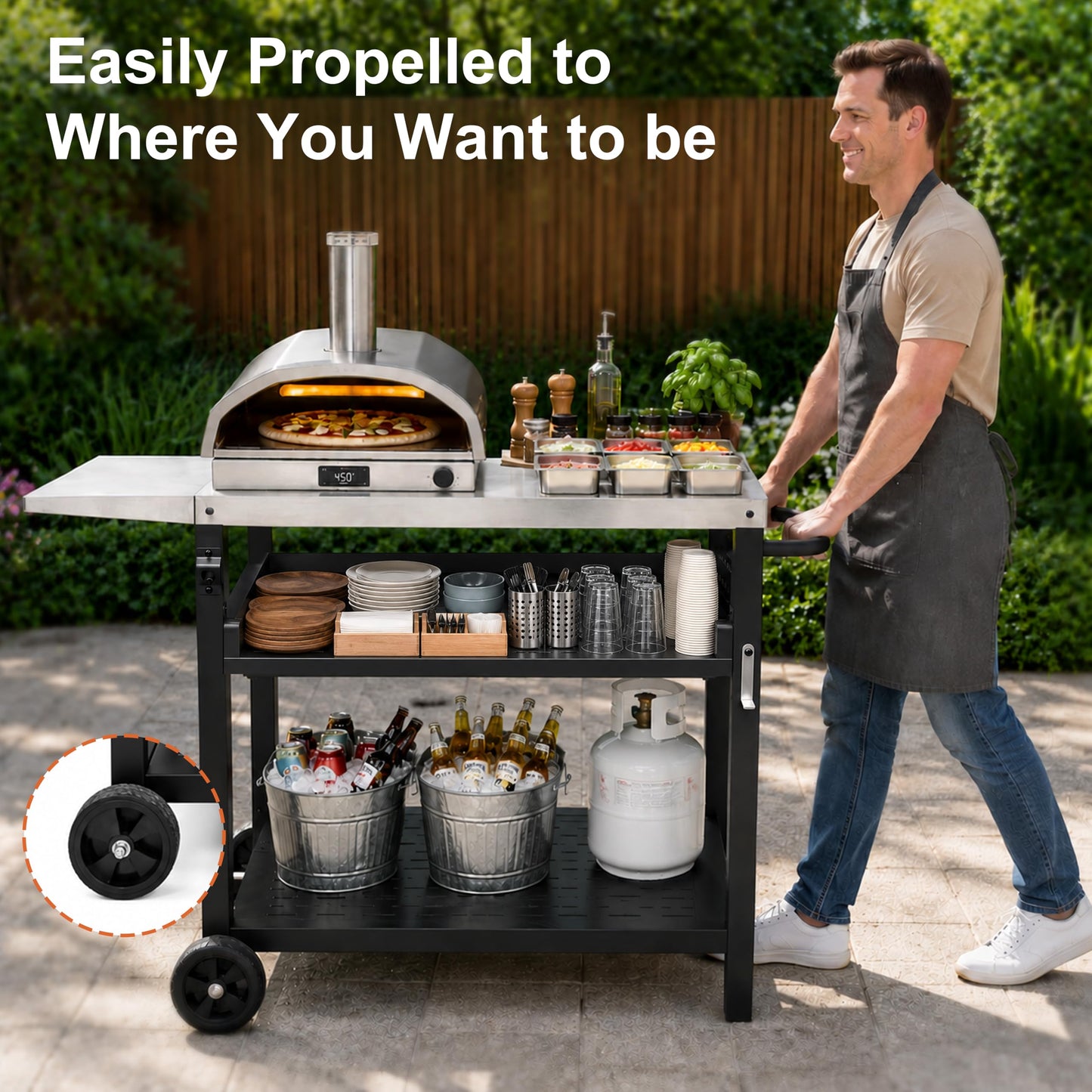 Outdoor Grill Cart for Blackstone/Ooni/Ninja, 43.3"x20" Stainless Steel Outdoor Grill Table with Propane Tank Mount & Wheels, Movable Outdoor Cooking Table with Storage for Pizza Oven, Patio, Camping