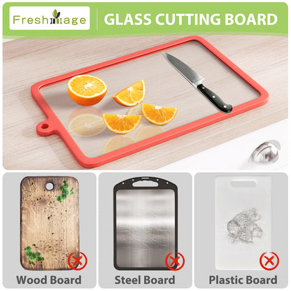 Freshmage 2Pcs Tempered Glass Cutting Boards for Kitchen, Glass Cutting Board Set (10"x6" & 12"x8") with Non-Slip Silicone Edges and Hanging Hole, Clear Cutting Board for Countertop & Everyday Prep
