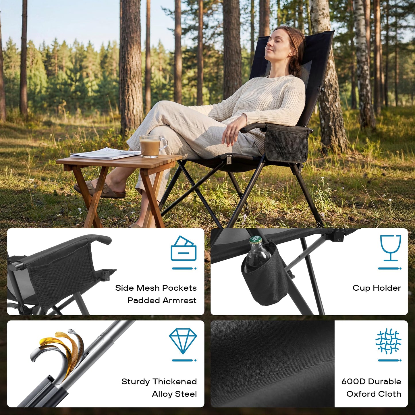 ARURU Reclining Camping Chair for Adults Heavy Duty, Folding Recliner Lawn Chairs with 6-Positions Adjustable High Back, Portable Patio Lounge Chairs for Outdoor Poolside Sports Beach