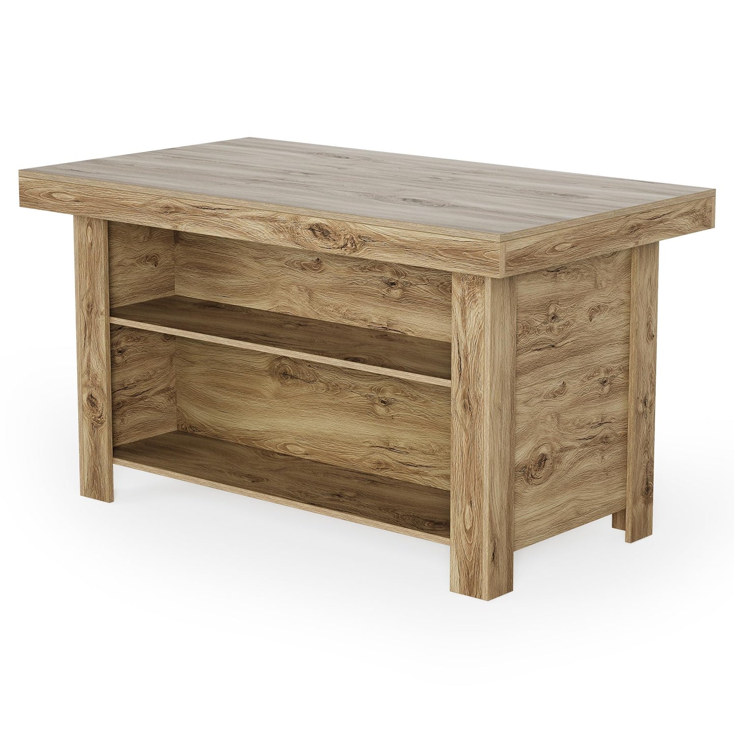LITTLE TREE 55 Inches Kitchen Island with Storage, 3-Tier Farmhouse Wooden Stationary Island Table with Large Worktop & Leg Room, Modern Coffee Bar Table with Storage Shelf for Kitchen, Oak