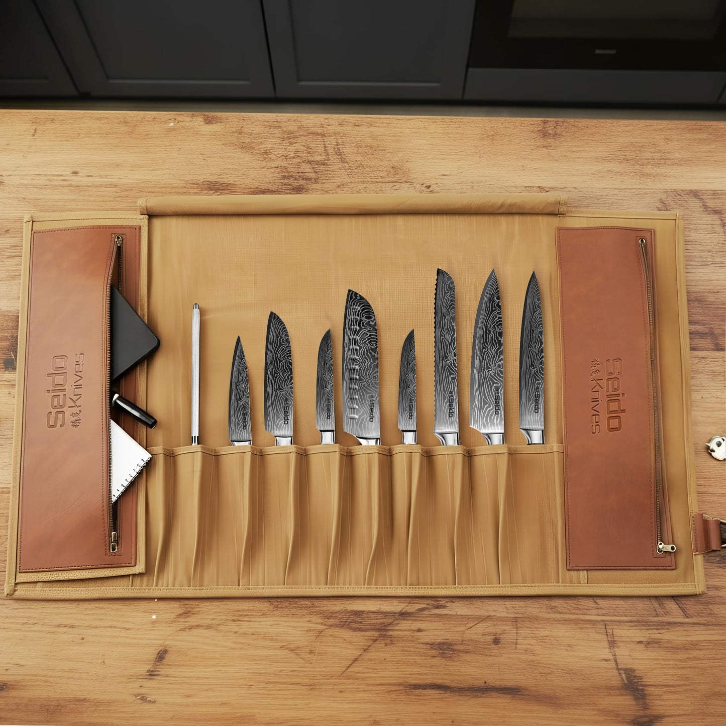 Seido Knives Classic Knife Roll Bag - Heavy Duty Canvas & Leather - Holds 18 Culinary Tools, Including 12 Large Knives, 4 Utensil Slots, and 2 Meat Cleaver Compartments