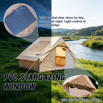 Inflatable Tent for Camping 4-6 Person-Blow Up Tent with Hand Pump-Oxford Waterproof Air Tent with Stove Jack – Portable Hot Tent for Family Glamping, Outdoor Festival（Quick Setup-5 Min for 4 Season）