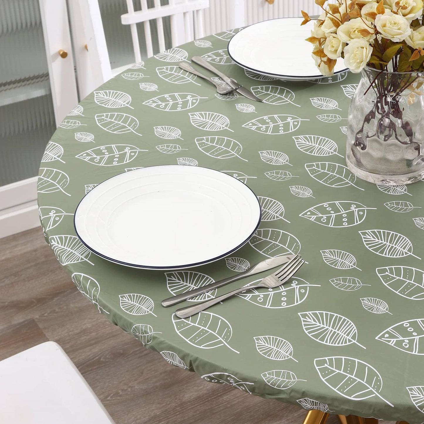 WALRUS Round Vinyl Fitted Tablecloth with Flannel Backing Elastic Edge Design Table Cover Waterproof Oil-Proof PVC Table Cloth Stain-Resistant Wipeable for Round Table, Round Tablecloth