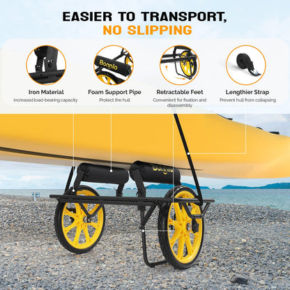 Bonnlo Durable Canoe Cart, All-Terrain Trolley Carrier with 15" Large Kayak Wheels, 330lbs Kayak Cart Dolly with Kickstand, Adjustable 4 Postions (8.66"-19.69") to Fit Kayaks, Canoes, and Small Boats