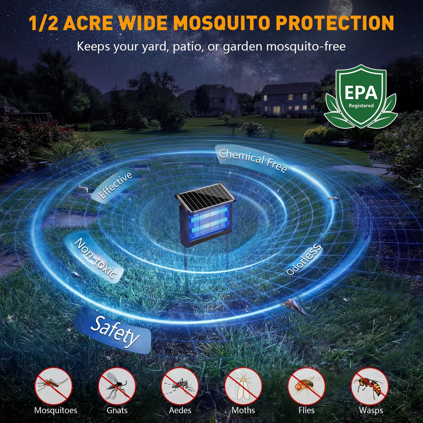 Solar Bug Zapper Outdoor, 4500V Solar Mosquito Zapper for Outdoor & Indoor, 1/2 Acre Coverage Cordless Rechargeable Electric Fly Zapper, IPX5 Waterproof Mosquito Traps for Backyard, Patio, Camping