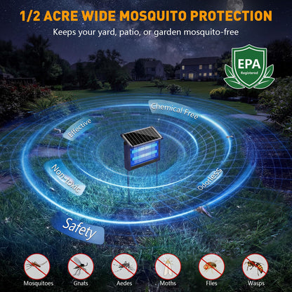 Solar Bug Zapper Outdoor, 4500V Solar Mosquito Zapper for Outdoor & Indoor, 1/2 Acre Coverage Cordless Rechargeable Electric Fly Zapper, IPX5 Waterproof Mosquito Traps for Backyard, Patio, Camping