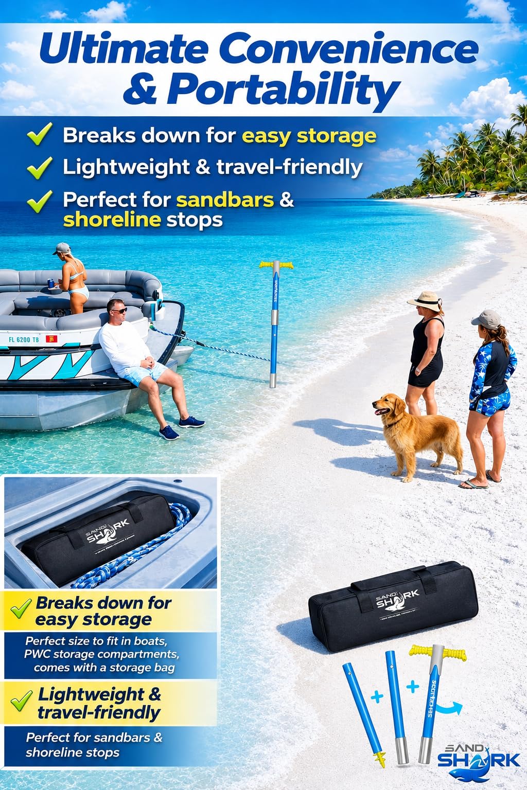 SandShark New MEGA-Sport Boat Anchor. Boat Anchor Kit w/Rip-Stop Padded Case, Easy to Adjust. Shallow Water Anchor Pole for Boat. Must Have Pontoon Boat Accessories, Converts from 4ft to 5ft 8in