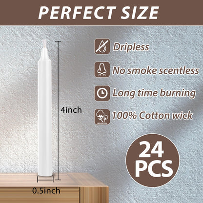 24 Pack White Spell Chime Candles – Premium Mini Unscented Taper Candles for Rituals, Prayer, Meditation, Altar, Spells – 4" Tall – Ideal for Witches & Spiritual Practices