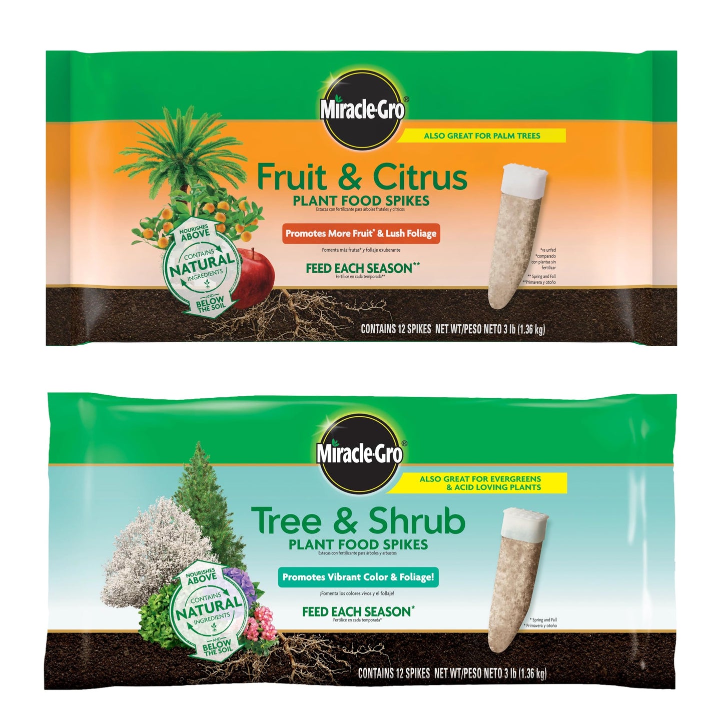 Miracle-Gro Plant Food Spikes Bundle for Fruit and Citrus Plus Trees and Shrubs, For Deciduous, Evergreen and Flowering Trees and Shrubs, 24 Spikes