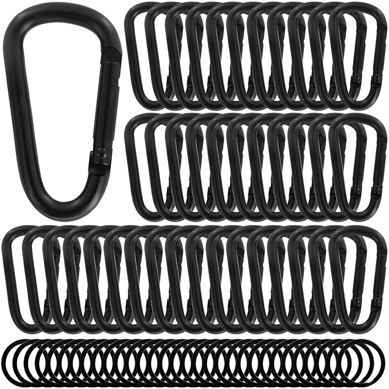 2.36" Inch Heavy Duty Aluminum D Carabiner Clips & Key Rings, 50 Pcs Black Corrosion Resistant Keychain for Keys, Outdoor Sports, Hiking, Camping, Fishing & Hanging Gear