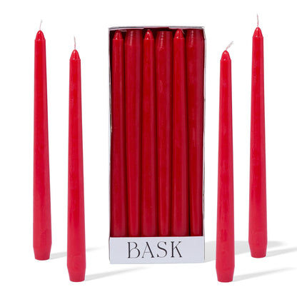 Bask 10-inch Taper Candles - Unscented and Dripless - Burns for 8 Hours - Home Decor for Dinner Table, Kitchen, and Bedroom - Perfect for a Romantic Date or Anniversary - 12-Pack - Red