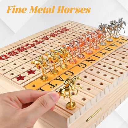 Horse Racing Board Game Foldable Wood Horse Race Game with 11 Metal Horses 2 Dice 2 Decks of Cards and 120Pcs Chips for Friends Adults Family Party Game Night