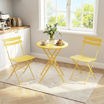 GarveeHome 3 Piece Foldable Patio Bistro Set, Outdoor/Indoor Metal Table and Chairs Furniture, Compact Round Table with 2 Folding Chairs for Balcony, Porch, Garden, Apartment, Small Space, Yellow