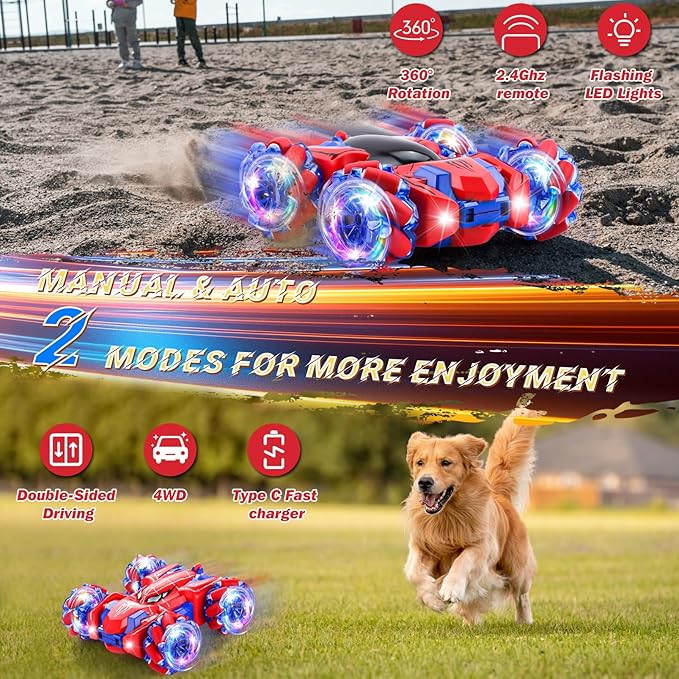 Spider Remote Control Car 2.4Ghz RC Cars with Headlight Double Sided Off-Road 360° Rotating Rechargeable 4WD RC Stunt Car Indoor Outdoor Spider Toys for Boys 4-6 5-7 8-13