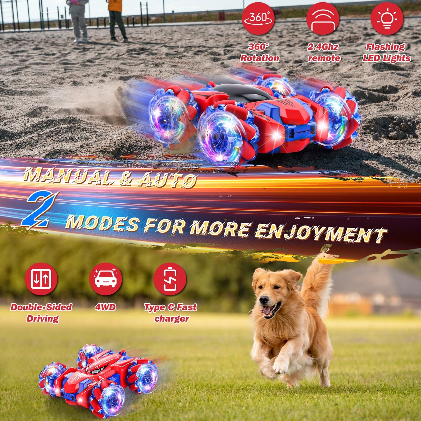 Punieayi Spider Remote Control Car, 2.4Ghz RC Cars with Headlight Double Sided Off-Road 360° Rotating Rechargeable 4WD RC Stunt Car Indoor Outdoor Spider Toys for Boys 4-6 5-7 8-13