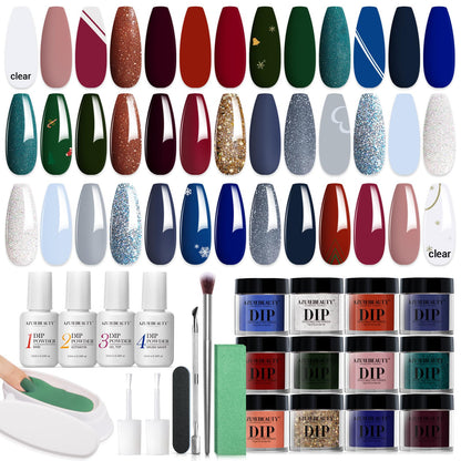 AZUREBEAUTY 31 Pcs Dip Powder Nail Kit 20 Colors Glitter Nude Brown Pink White Gray Dip Powder Liquid Set with Top/Base Coat Activator for French Nails Art Manicure DIY Salon Women Valentine's Gift