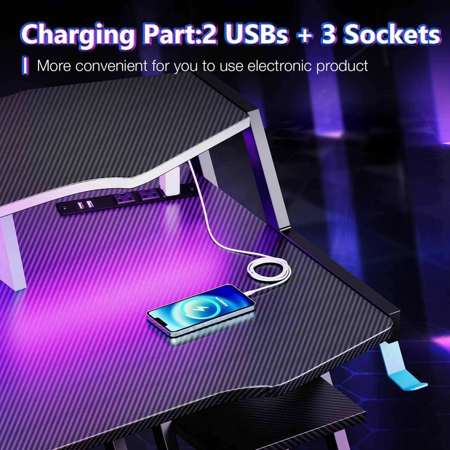 MOTPK Gaming Desk with Power Outlet & LED Lights, Computer Desk 47inch with PC Storage Shelf, Gaming Table with Carbon Fiber Texture, Gamer Desk, Gift for Boys Men, Black