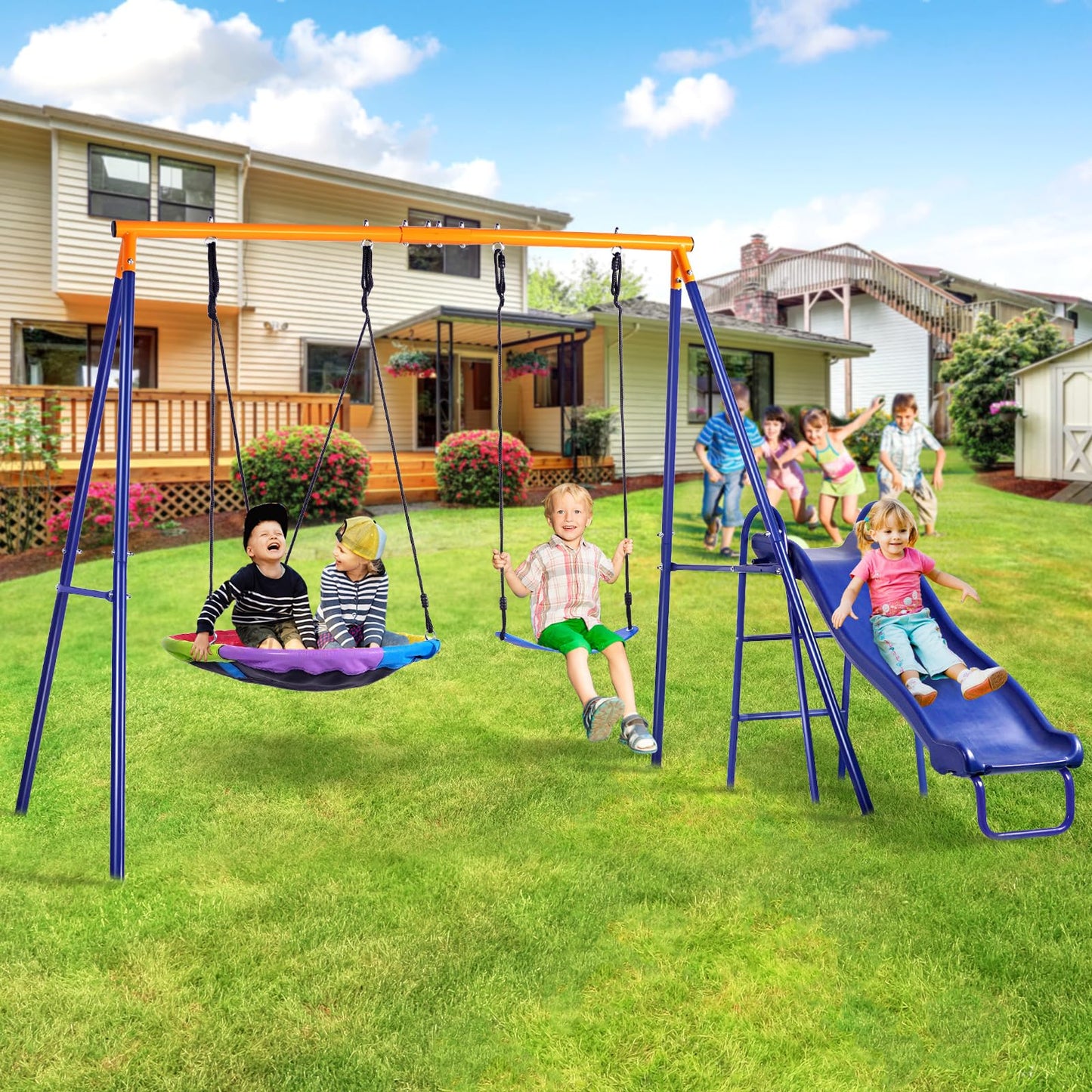 Lunafun Swing Set for Backyard with Kids Slide 440lbs Heavy-Duty Metal A-Frame 1 Saucer Swing Seat 1 Swings Seat & 1 Slide