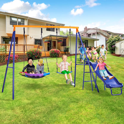 Lunafun Swing Set for Backyard with Kids Slide 440lbs Heavy-Duty Metal A-Frame 1 Saucer Swing Seat 1 Swings Seat & 1 Slide
