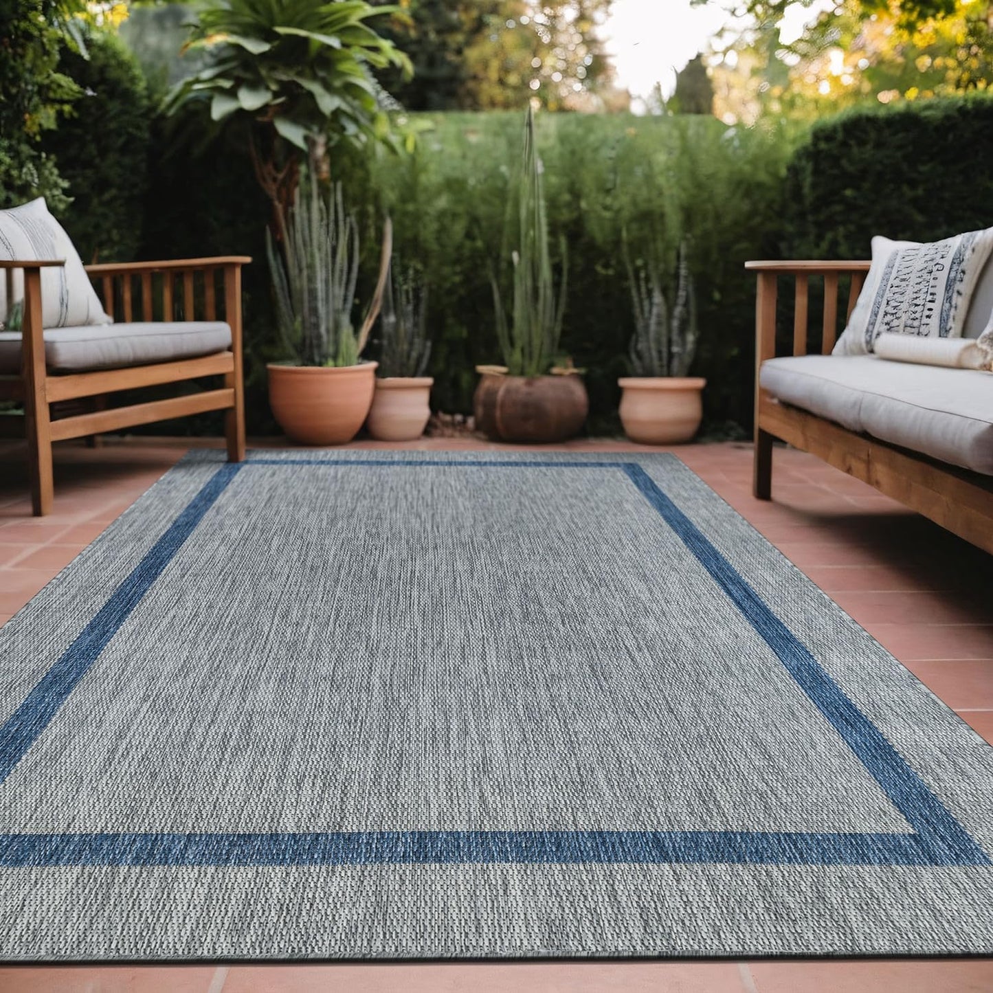 Luul Home Bordered Outdoor Rug 9x12 Washable Outside Carpet for Indoor Patio Porch Waterproof Easy Cleaning Non Shedding Area Rugs Silver Gray - Blue 9 x 12