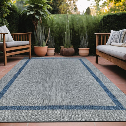 Luul Home Bordered Outdoor Rug 9x12 Washable Outside Carpet for Indoor Patio Porch Waterproof Easy Cleaning Non Shedding Area Rugs Silver Gray - Blue 9 x 12