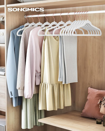 SONGMICS Slim Velvet Hangers - Non-Slip Clothes Hangers with Rose Gold Hooks | Space-Saving, 50 Pack, White