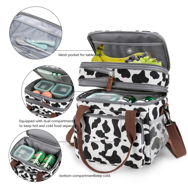 MEYTEILAY Lunch Bag for Women Men Expandable Double Deck Lunch Box Large Lunch Bags Leakproof Insulated Reusable Lunch Cooler Bag（Cow Print）