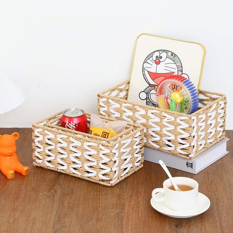 HANMYSTYLE Storage basket Flower weaving storage basket hand-woven organizing Kids room storage snacks sundries toiletries toys set of 3(rectangle)