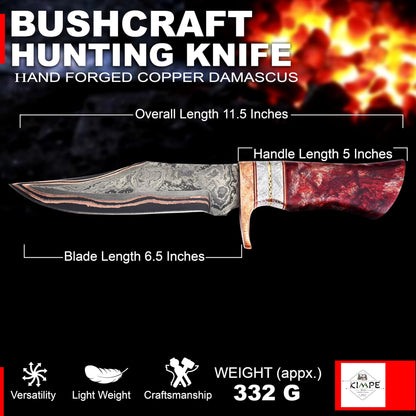 KIMPE Handmade Copper Damascus Hunting Knife – 11.5” Fixed Blade Bushcraft Knife with Engraved Guard, Resin Handle, Full Tang, Leather Sheath – Outdoor Survival, Camping & Gift Knife.