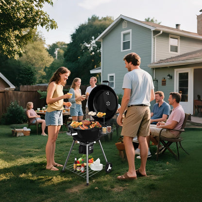 22.5-Inch Portable Charcoal Grill, Heavy Duty Kettle BBQ Smoker with Built-in Thermometer & Removable Water-Rinsable Ash Catcher for Outdoor Camping, Patio, Backyard, and Tailgating