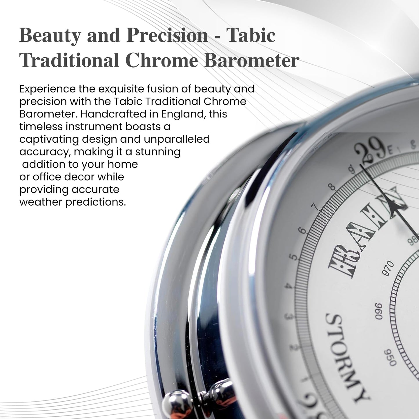 Tabic Traditional Barometer with Heavy Brass Case, Chrome Plated, Handmade in England (1/2kg) - Weather Predictor for Home and Office - Mounted Atmospheric Pressure Gauge in Elegant Chrome Finish