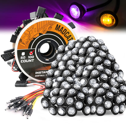 MADCATZ 100 Pcs 3/4" Mini Round Amber to Purple Side Marker Lights with Bullet Connector Plug + 2 Prong Wire Harness Roll, 100 Female Plugs - 6.5 inch Lead for Truck Trailer Pickup 12V DC