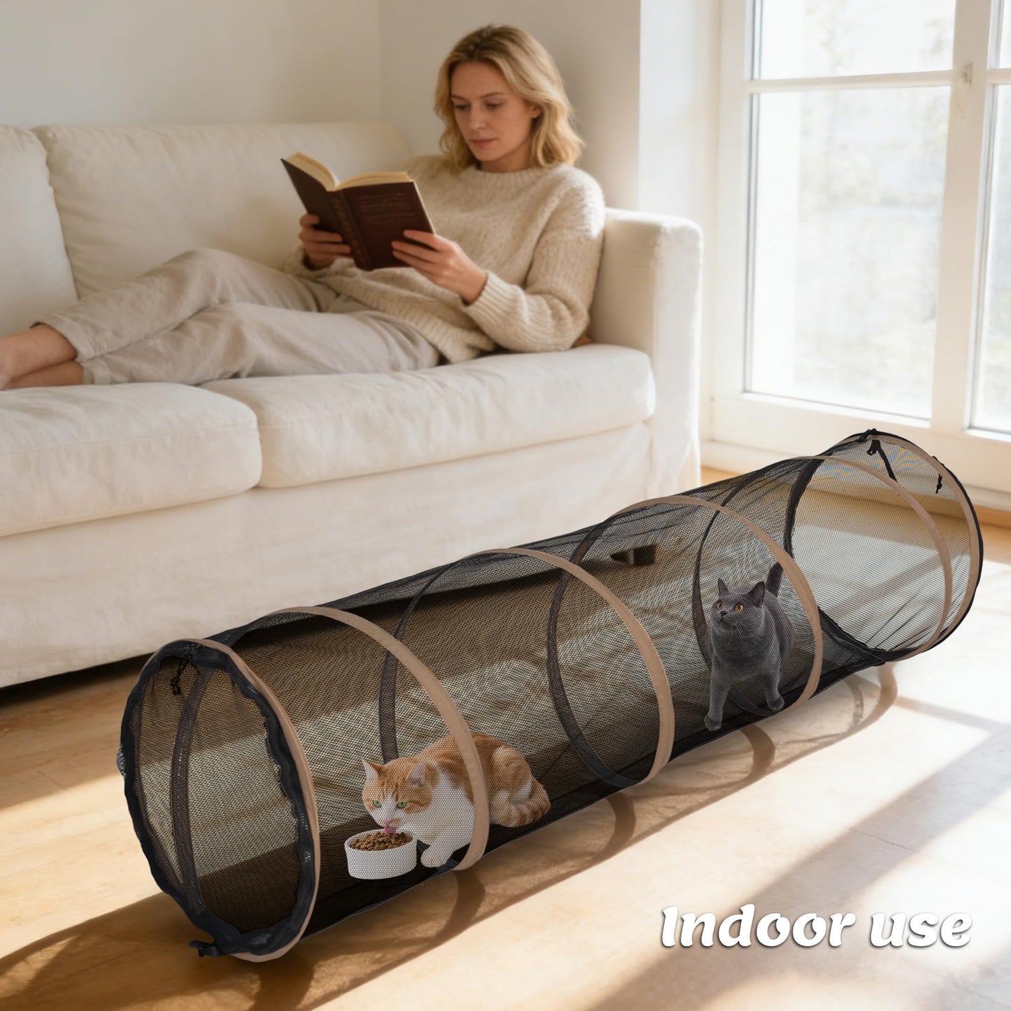 Cat Play Tunnel-3 Packs for Indoor and Outdoor,Pet Tunnel,Cat Enclosure, Easy to Connect with Two Zipper Doors,Product Size 59'' x 18'',Tan Trim (3 Tunnels)