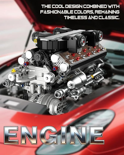 V12 Engine Building Set for Adults and Teens 14+ 1409 PCS Motorized Mechanical Engineering Model Kit That Runs MOC Engine Toy with Battery Box and Motor Compatible with Lego STEM Gift for Men