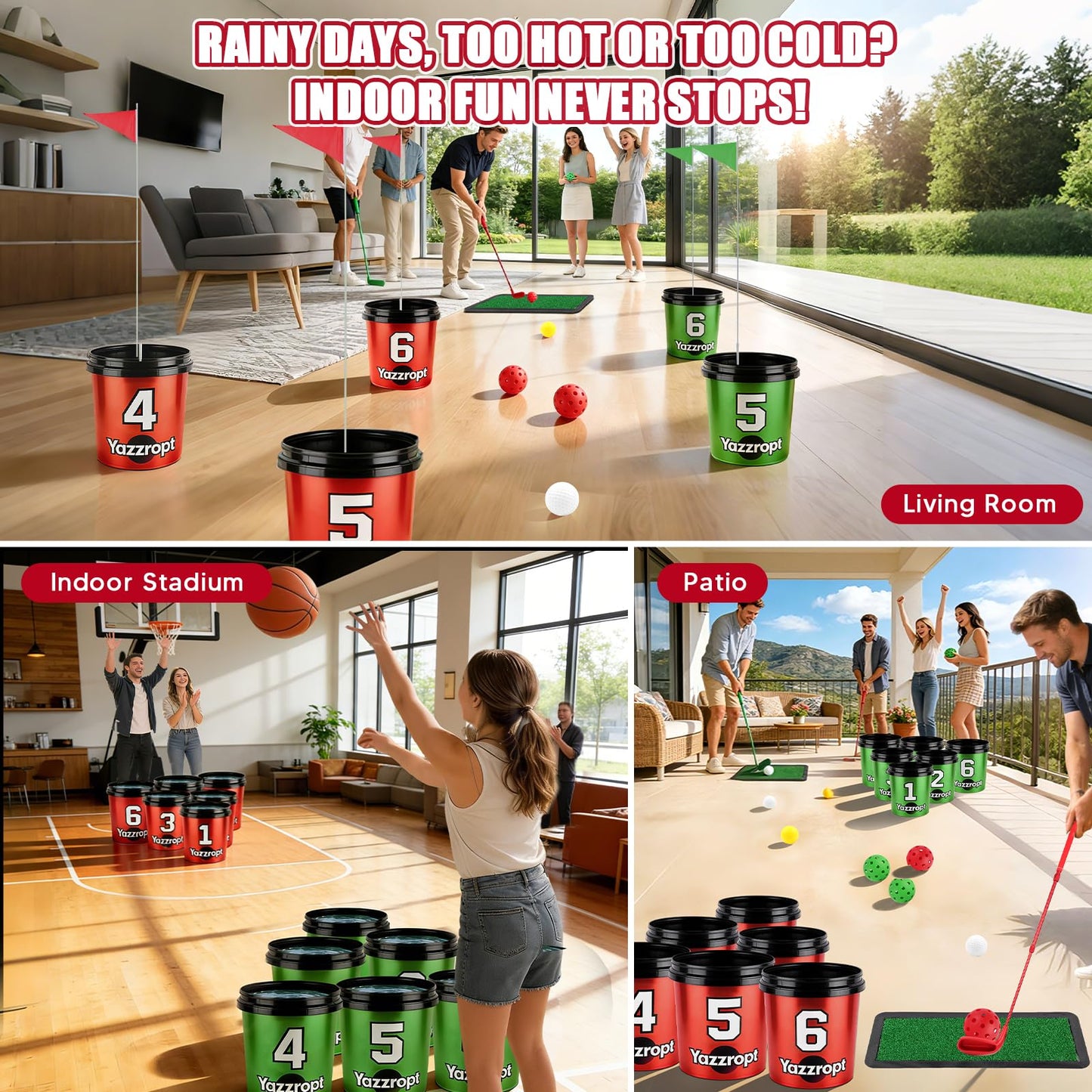 Yazzropt Giant 3-in-1 Outdoor Backyard Party Game Set – Bucket Golf, Yard Pong Basketball & Toss Games – Large Outdoor/Indoor Lawn Games for Adults & Families, Beach & Camping