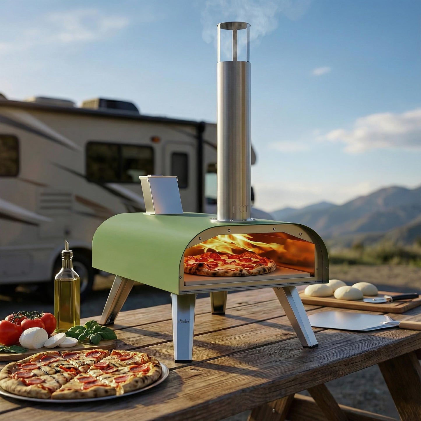 BIG HORN 12" Multi-Fuel Outdoor Pizza Oven Reach up to 1110℉– 3-in-1 Wood,Gas&Electric Compatible (Burners Sold Separately),Pellet Pizza Oven Portable Pizza Maker for Backyard,Camping&Tailgating,Green