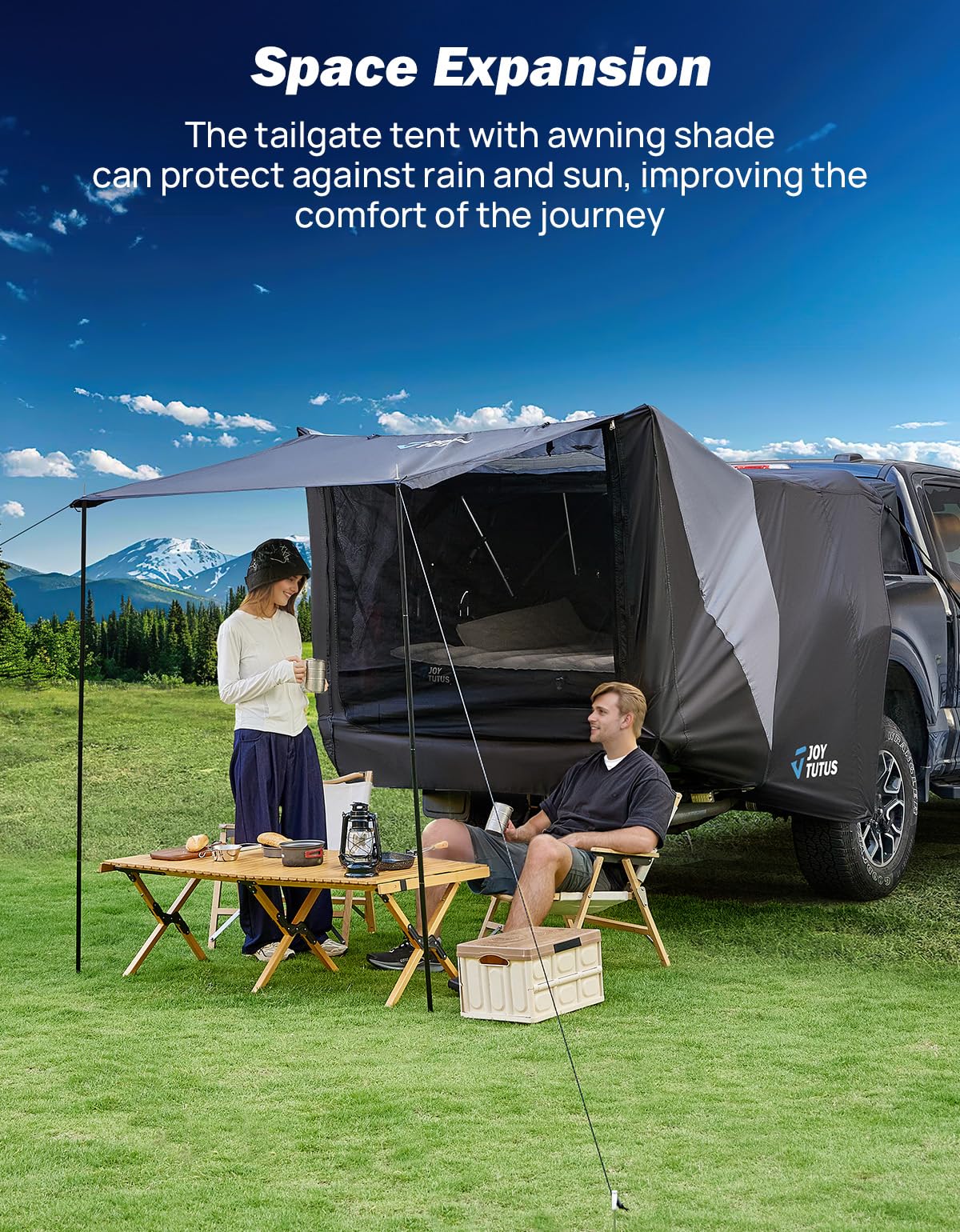 JOYTUTUS Truck Tent with Awning, Truck Bed Tailgate Tent Pickup Camping Tent Canopy (Only Fits Mid-Size Truck with Soft Hard Topper or Camper Shell)