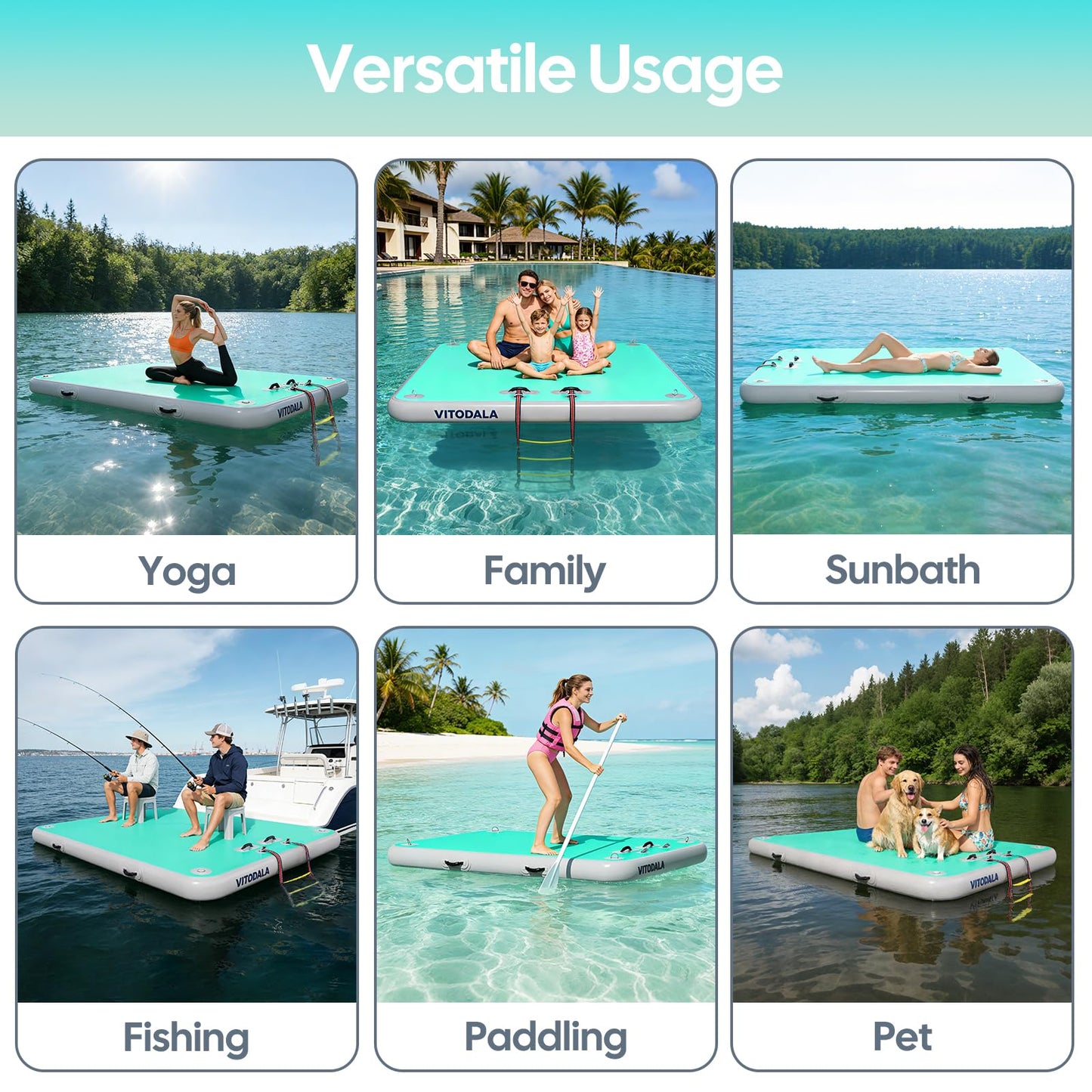 Inflatable Floating Dock, Water Island Float Raft Mat with Non-Slip Surface, 5FT/8FT/10FT Air Deck Platform, 6 Inch Thick for Pool, Lake, River, Beach, Ocean (Mint Green, 5 ft x 6.6 ft x 6")