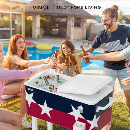 VINGLI 80 Quart Rolling Ice Chest, Portable Patio Party Bar Drink Cooler Cart, with Shelf, Beverage Pool with Bottle Opener (Red， White & Blue)