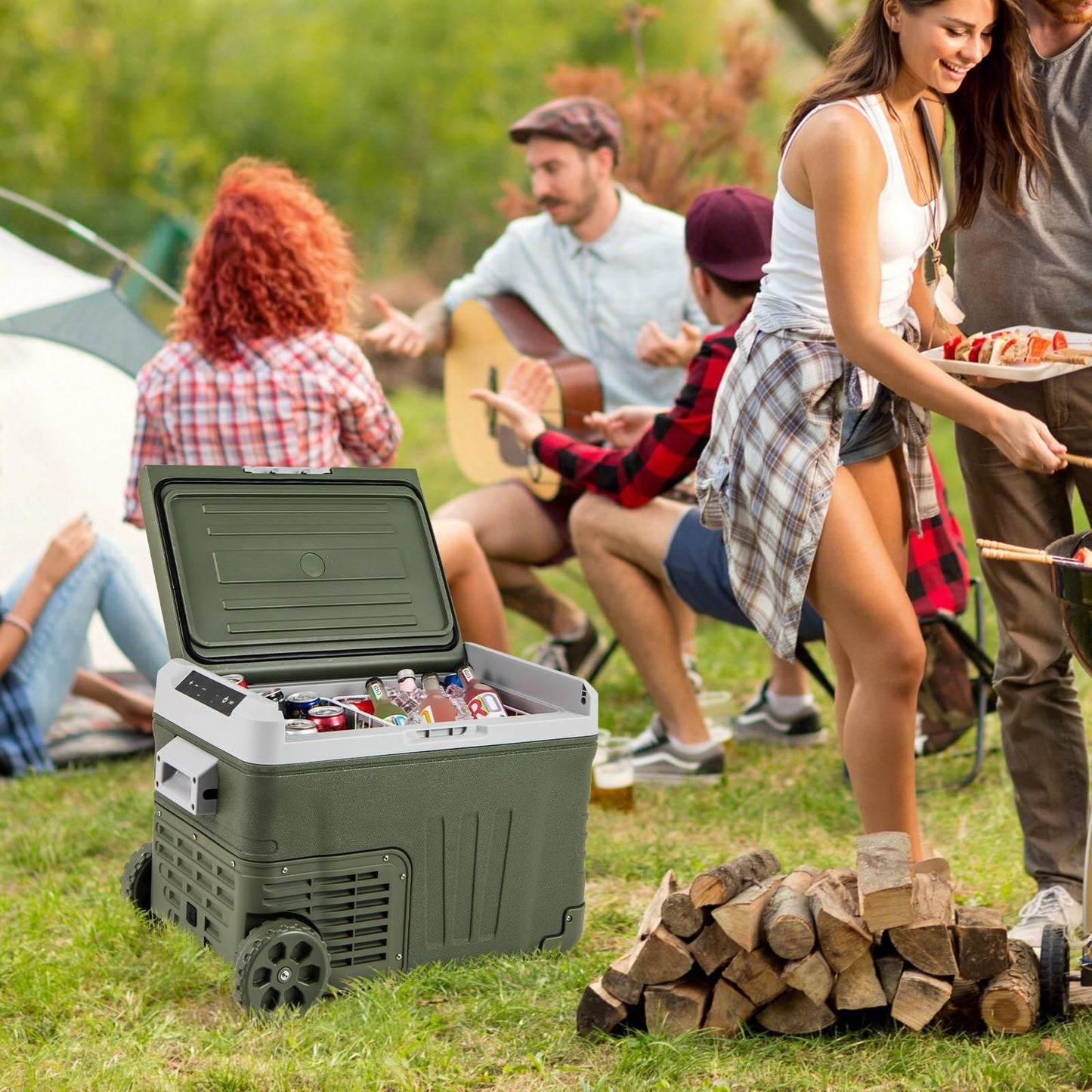 COSTWAY Car Refrigerator with Wheels, 37-Quart Electric Cooler, 12V/24V DC, 100-240V AC, -4°F To 68°F, Portable Car Fridge Freezer with Pull Handle & 2 Wheels for RV Camping, Black