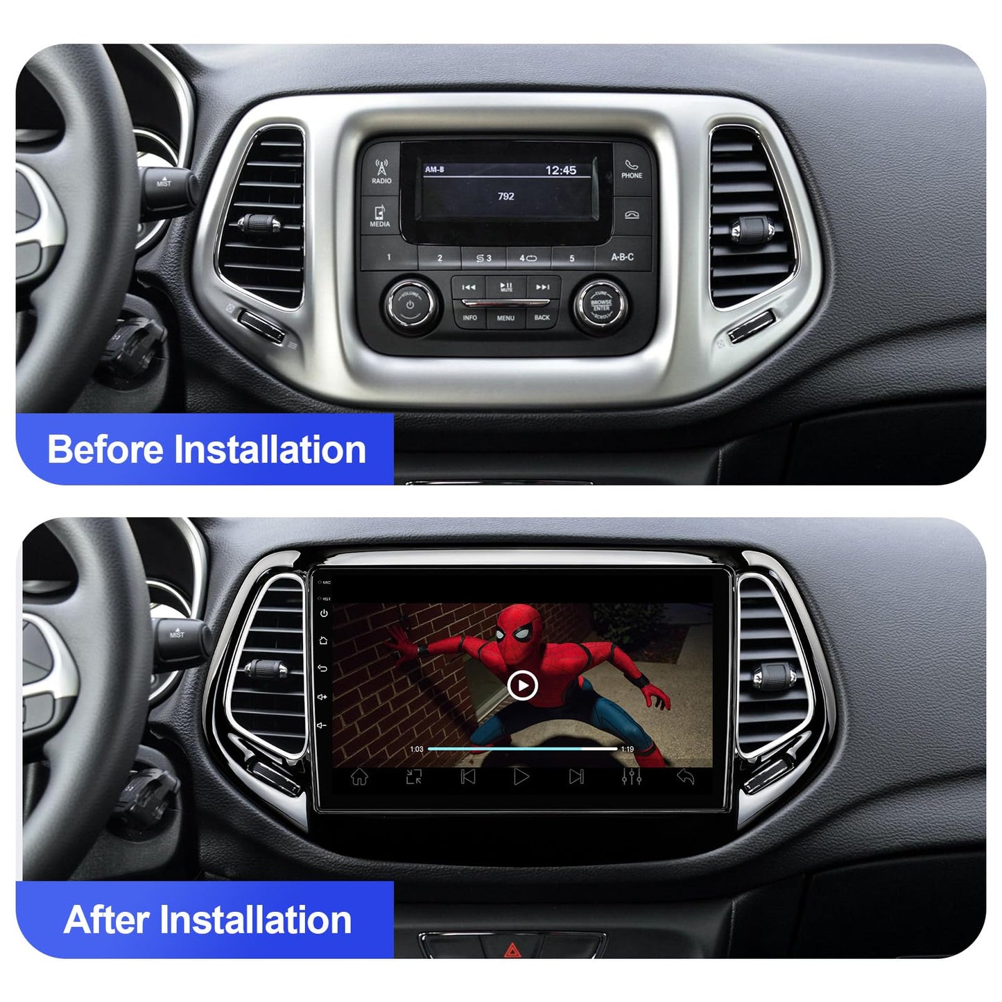 2+32G Android 12 Double Din Car Stereo for Jeep Compass 2 MP 2017-2019 with 10.1 Inch Touchscreen Radio Built-in Wireless Carplay/Android Auto/GPS/Bluetooth/FM/AUX-in/SWC/Backup Camera