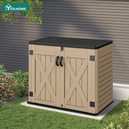 YITAHOME Outdoor Horizontal Storage Shed with X-Shaped Lockable Door, 35 Cu Ft Weatherproof Resin Tool Shed w/o Shelf, Ideal for Bike, Trash Cans, Garden Tools, Lawn Mowers, Brown