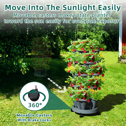Tectsia 7 Tiered Strawberry Vertical Planter Tower Garden 3 Pack, Stackable Planter Herb Garden Planter with Movable Casters and Bottom Saucer Indoor and Outdoor - Dark Grey
