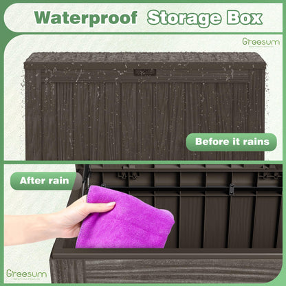 Greesum Outdoor Storage Box 120 Gallon Storage Bin with Lid for Patio Furniture, Garden Tools, Pool Supplies, Lockable, Waterproof and UV Resistant, Dark Brown